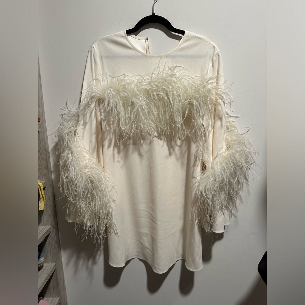 Sally Lapointe crepe shift feather dress in white